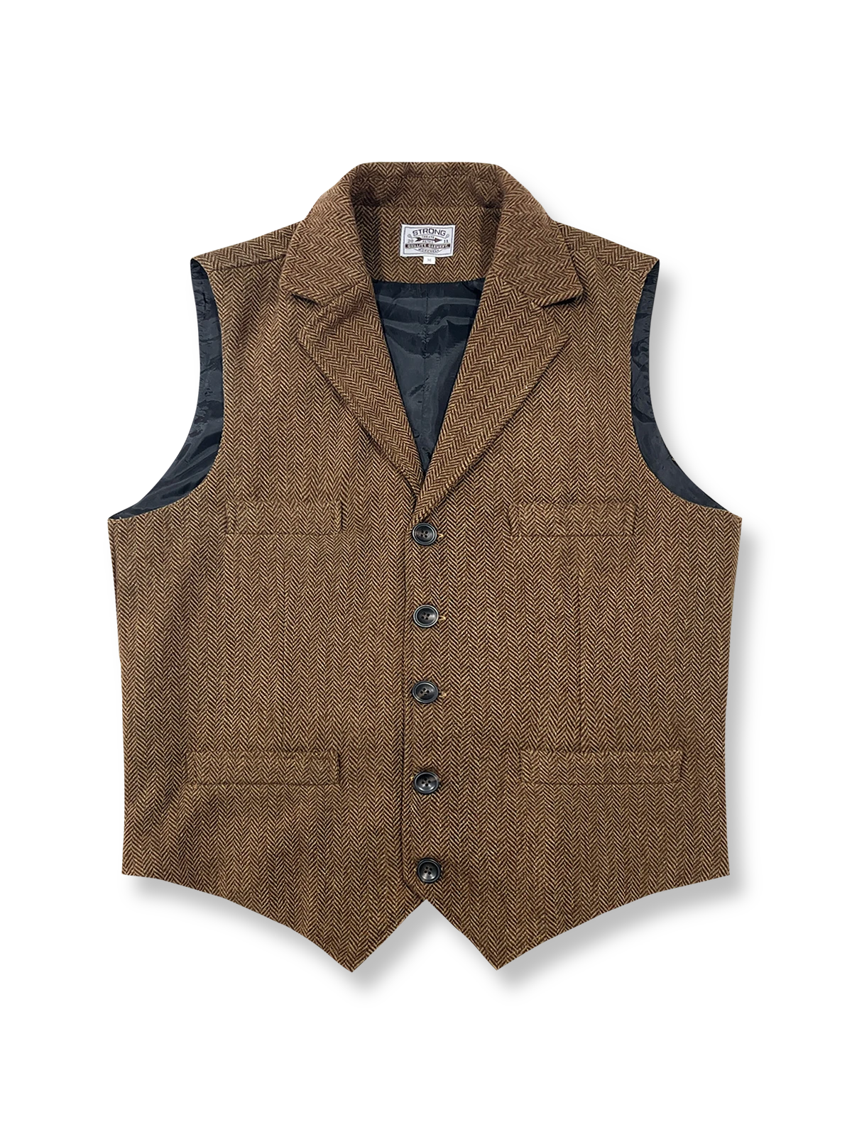 製品画像: ウールツイード スーツベストの全体展示画像。重厚なウール混紡ツイード素材とクラシックなブリティッシュスタイルが際立つデザイン。ビジネスからカジュアルまで幅広く活躍する一着。
詳細画像: ウール混紡ツイード素材の風合いと精密なジャケットカットをクローズアップしたディテール画像。高級感と保温性が感じられる仕上がりを強調。