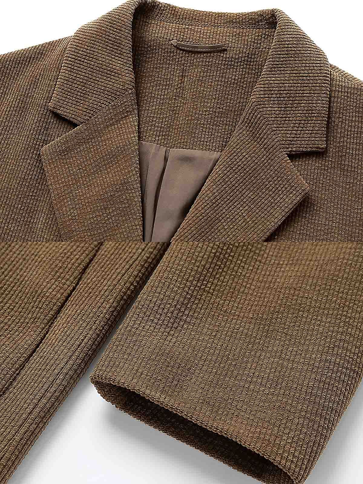 製品画像
コーデュロイカジュアルスーツ しっかりとした形状を保つコーデュロイ素材を使用、シワになりにくく毛玉ができにくいエレガンスとカジュアルを両立したデザイン。
詳細画像
コーデュロイ素材の質感とディテール、シンプルでエレガントなデザインのカジュアルスーツ。