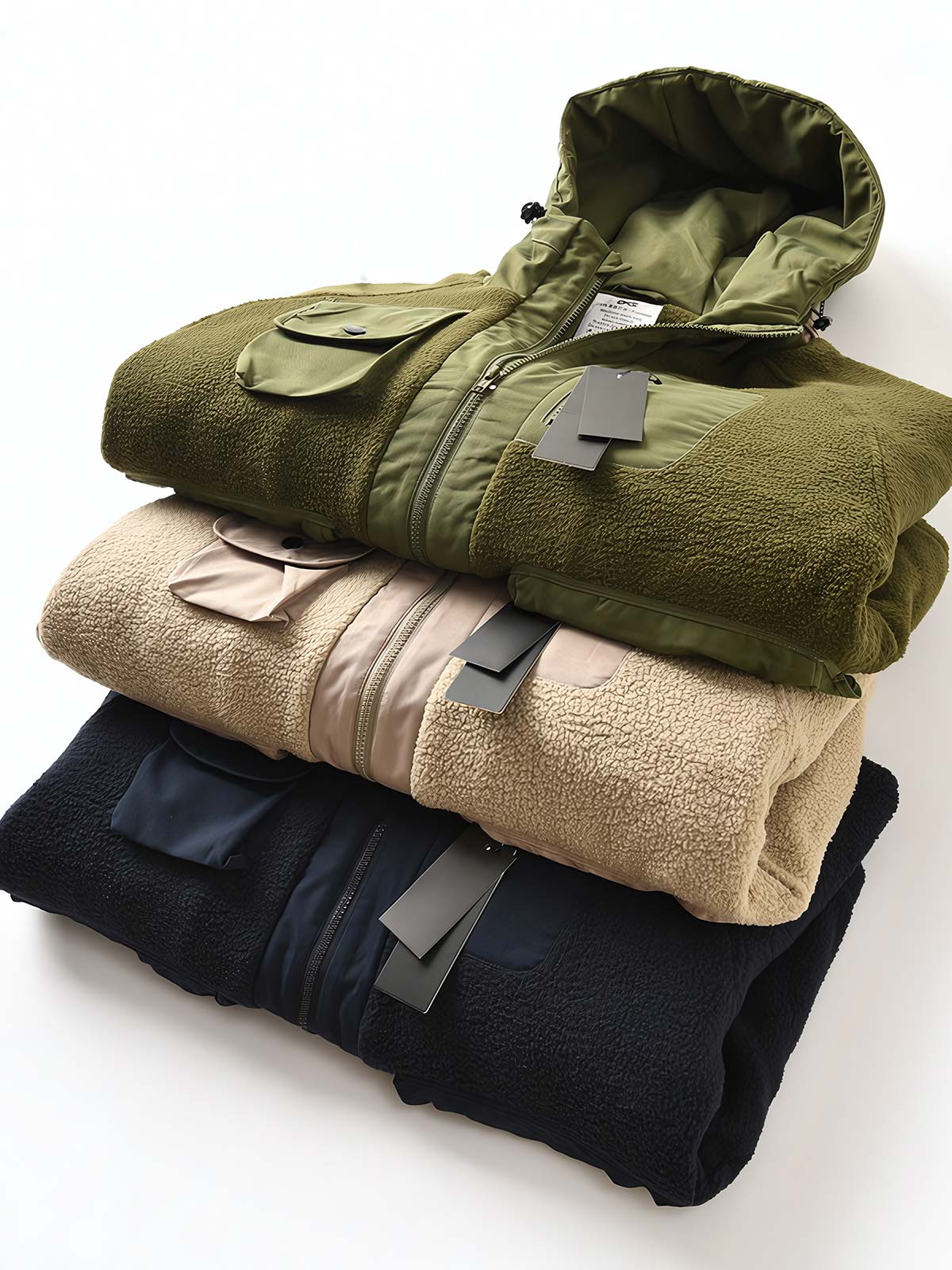 製品画像
フリース パッチワーク フード付き 中綿ジャケットの全体像。高密度フリース素材と耐久性のあるパッチワークデザインが特徴的なアウター。
詳細画像
高密度フリースと耐磨性に優れた織布パッチワークのテクスチャ、ダイヤ柄キルティング裏地、中綿ズレ防止仕様、大容量4ポケットのディテール特写。