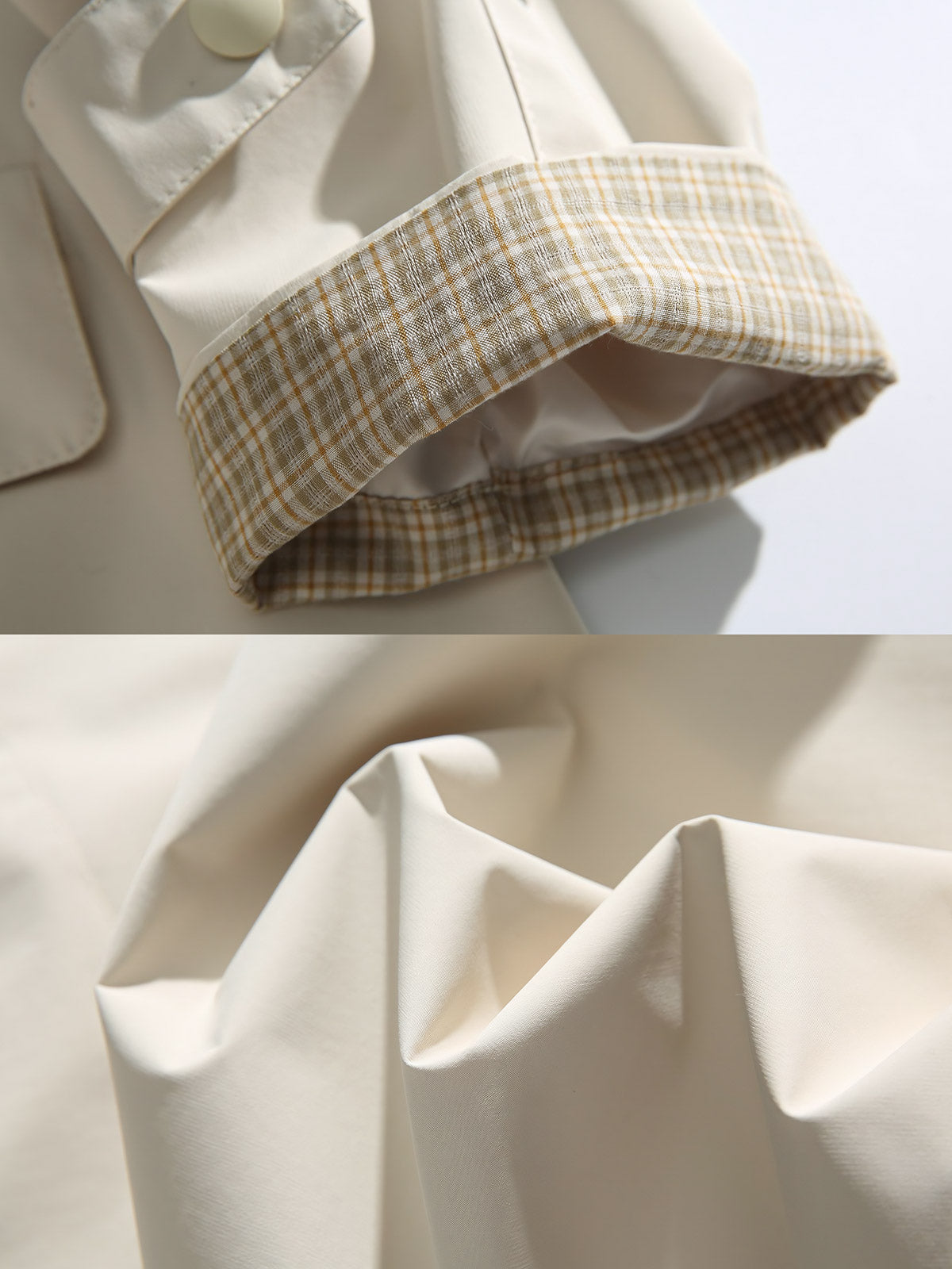 製品画像
クラシックなミディアム丈ロングカラーコート全体図。防風素材の表地とシンプルで美しいシルエットが特徴の上品なデザイン。
詳細画像
裏地に施された細かなチェック柄のディテール、袖口の調整デザイン、防風性能を備えた表地の質感特写。機能性とスタイルを両立した仕上がり。