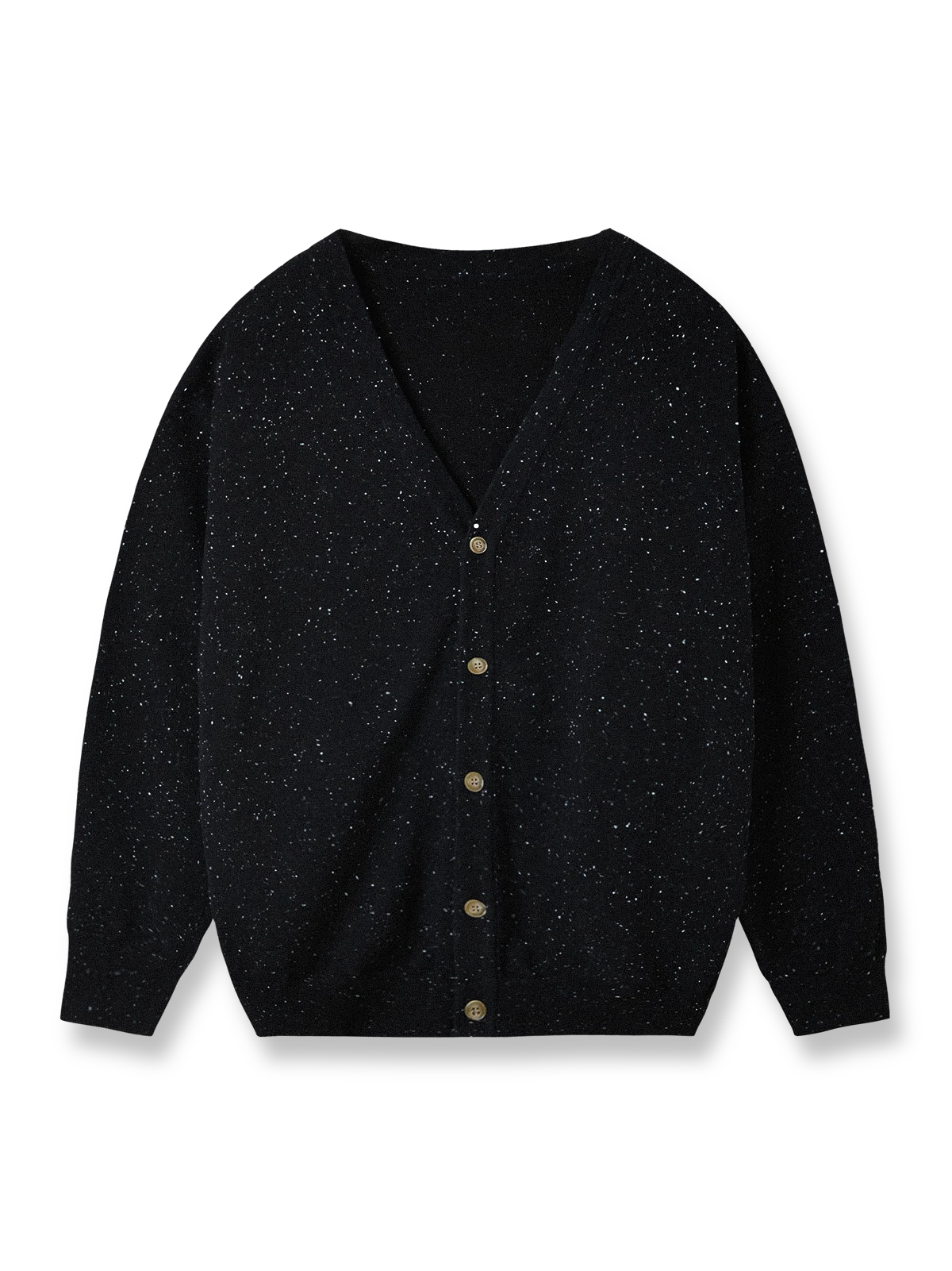 製品画像
Vネック カラフルドット ニット カーディガン全体図。12ゲージ編みの細かい編地とコットン混紡素材で仕上げた中厚ニット。カラフルなドット模様がアクセントのユニセックスデザイン。
詳細画像
グラデーション樹脂ボタンの高級感あるディテール、精緻なリブ編みの裾と袖口、滑らかな質感を持つ12ゲージ編み地とカラフルドット模様の特写。