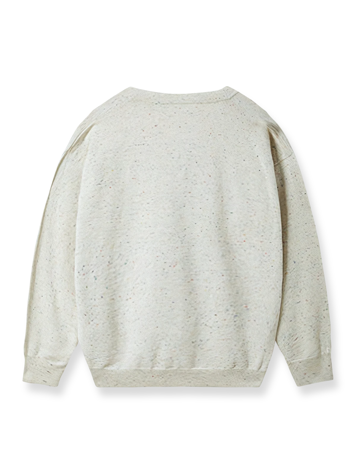 製品画像
Vネック カラフルドット ニット カーディガン全体図。12ゲージ編みの細かい編地とコットン混紡素材で仕上げた中厚ニット。カラフルなドット模様がアクセントのユニセックスデザイン。
詳細画像
グラデーション樹脂ボタンの高級感あるディテール、精緻なリブ編みの裾と袖口、滑らかな質感を持つ12ゲージ編み地とカラフルドット模様の特写。