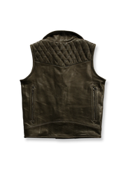 製品画像
ハンティング レザーベスト正面全体図。厚手の本革素材とクラシックな開襟デザイン、無骨なリベット装飾が特徴のヴィンテージスタイルベスト。
詳細画像
本革の滑らかな質感、リベット付き開襟デザイン、複数配置された大容量ポケットとファスナーポケット、迷彩柄裏地のディテール特写。