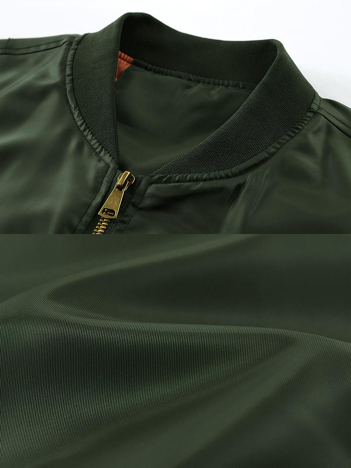 製品画像
MA-1 フライトジャケット全体図。高密度ナイロン表地とオレンジ色の裏地が特徴で、1950年代アメリカ空軍のクラシックな短丈デザインを再現。
詳細画像
ジップ付き袖ポケット、リブ仕立ての袖口・裾、防風性を高めるディテール、オレンジ色の裏地と高密度ナイロン素材の質感特写。