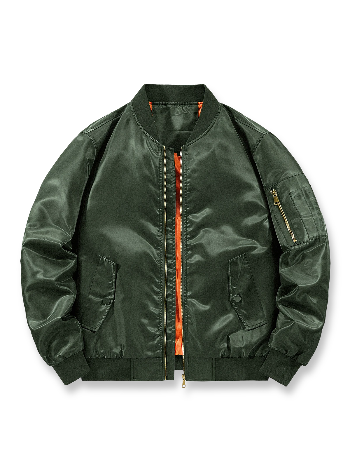 製品画像
MA-1 フライトジャケット全体図。高密度ナイロン表地とオレンジ色の裏地が特徴で、1950年代アメリカ空軍のクラシックな短丈デザインを再現。
詳細画像
ジップ付き袖ポケット、リブ仕立ての袖口・裾、防風性を高めるディテール、オレンジ色の裏地と高密度ナイロン素材の質感特写。