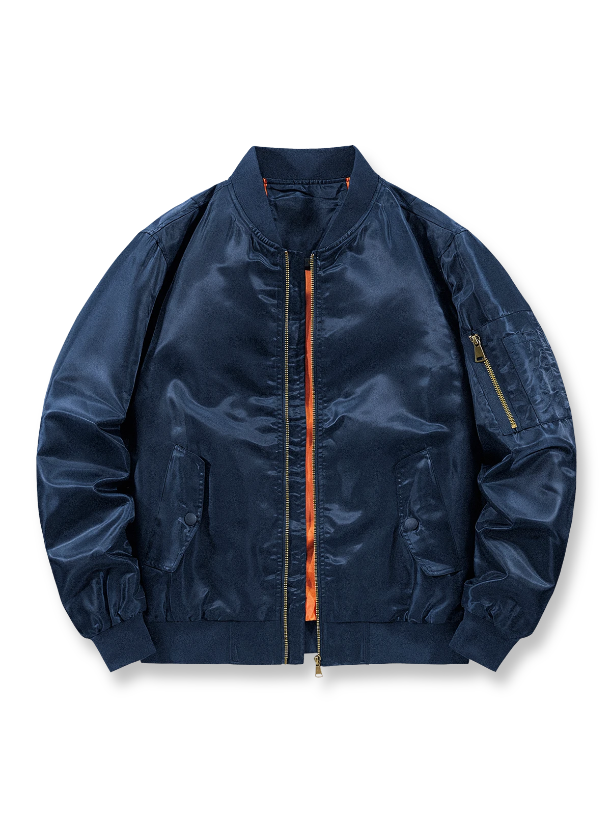 製品画像
MA-1 フライトジャケット全体図。高密度ナイロン表地とオレンジ色の裏地が特徴で、1950年代アメリカ空軍のクラシックな短丈デザインを再現。
詳細画像
ジップ付き袖ポケット、リブ仕立ての袖口・裾、防風性を高めるディテール、オレンジ色の裏地と高密度ナイロン素材の質感特写。