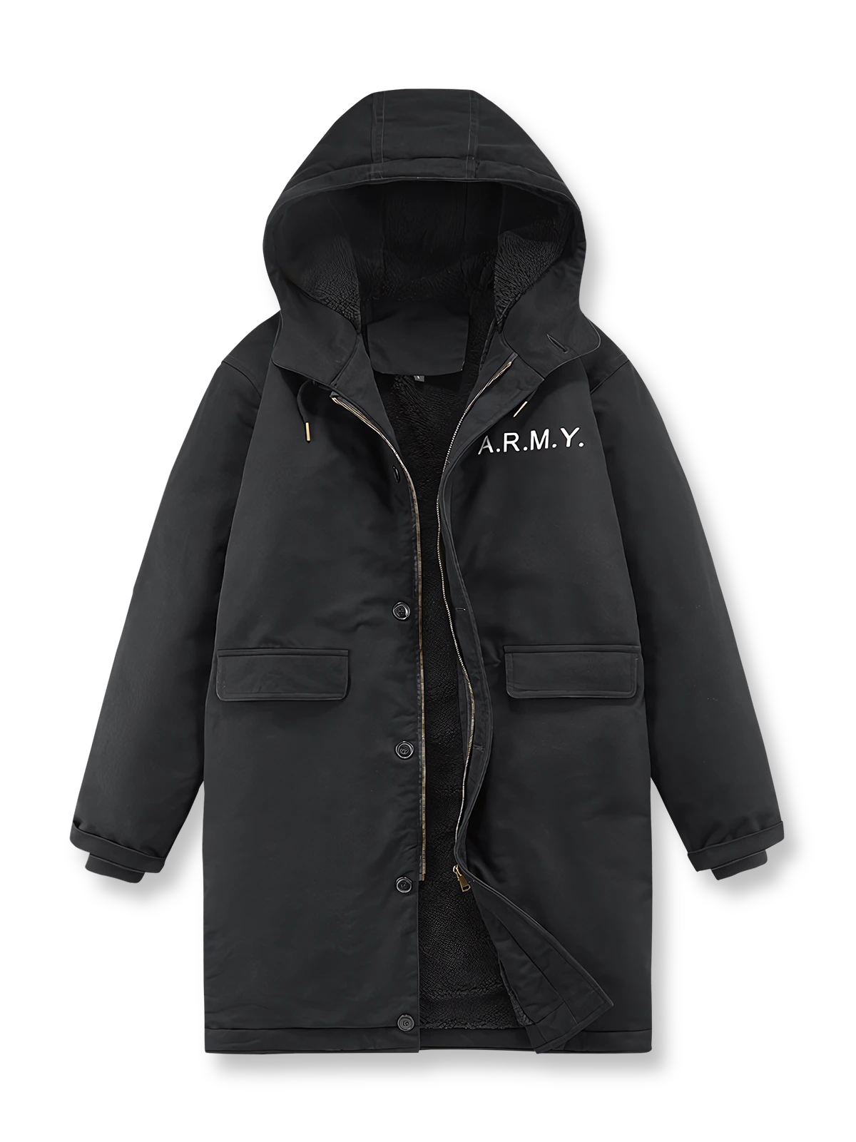 製品画像
N1デッキスタイル 海軍 フード付きコート全体図。高密度コットン素材と厚手シープスキン風ウールファー裏地を使用した、ヴィンテージ感溢れる冬用防寒アウター。
詳細画像
厚手のシープスキン風ウールファー裏地の質感、「A.R.M.Y.」プリントのクラシックディテール、ファスナーとボタンの二重防風仕様の特写。
