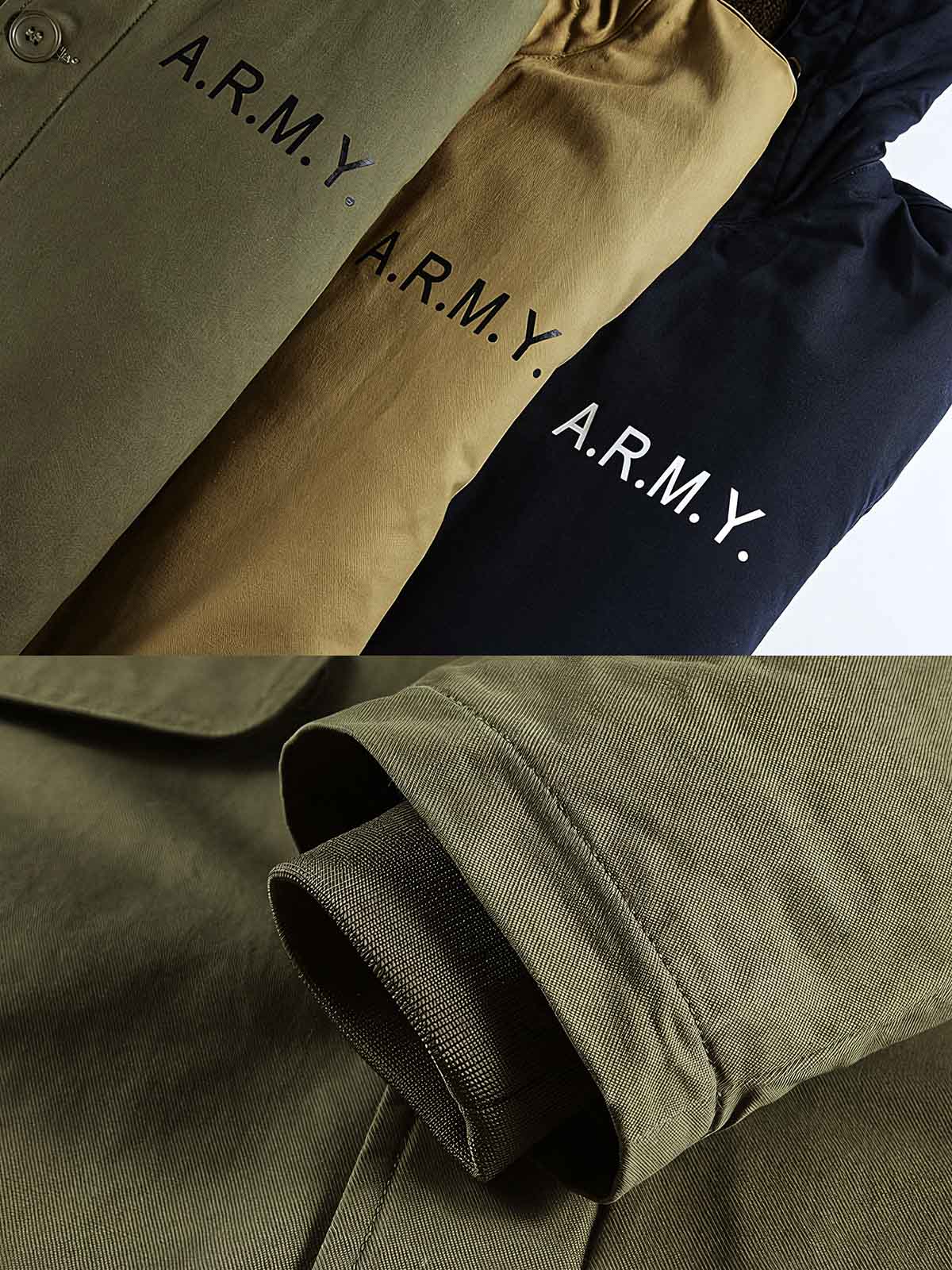 製品画像
N1デッキスタイル 海軍 フード付きコート全体図。高密度コットン素材と厚手シープスキン風ウールファー裏地を使用した、ヴィンテージ感溢れる冬用防寒アウター。
詳細画像
厚手のシープスキン風ウールファー裏地の質感、「A.R.M.Y.」プリントのクラシックディテール、ファスナーとボタンの二重防風仕様の特写。