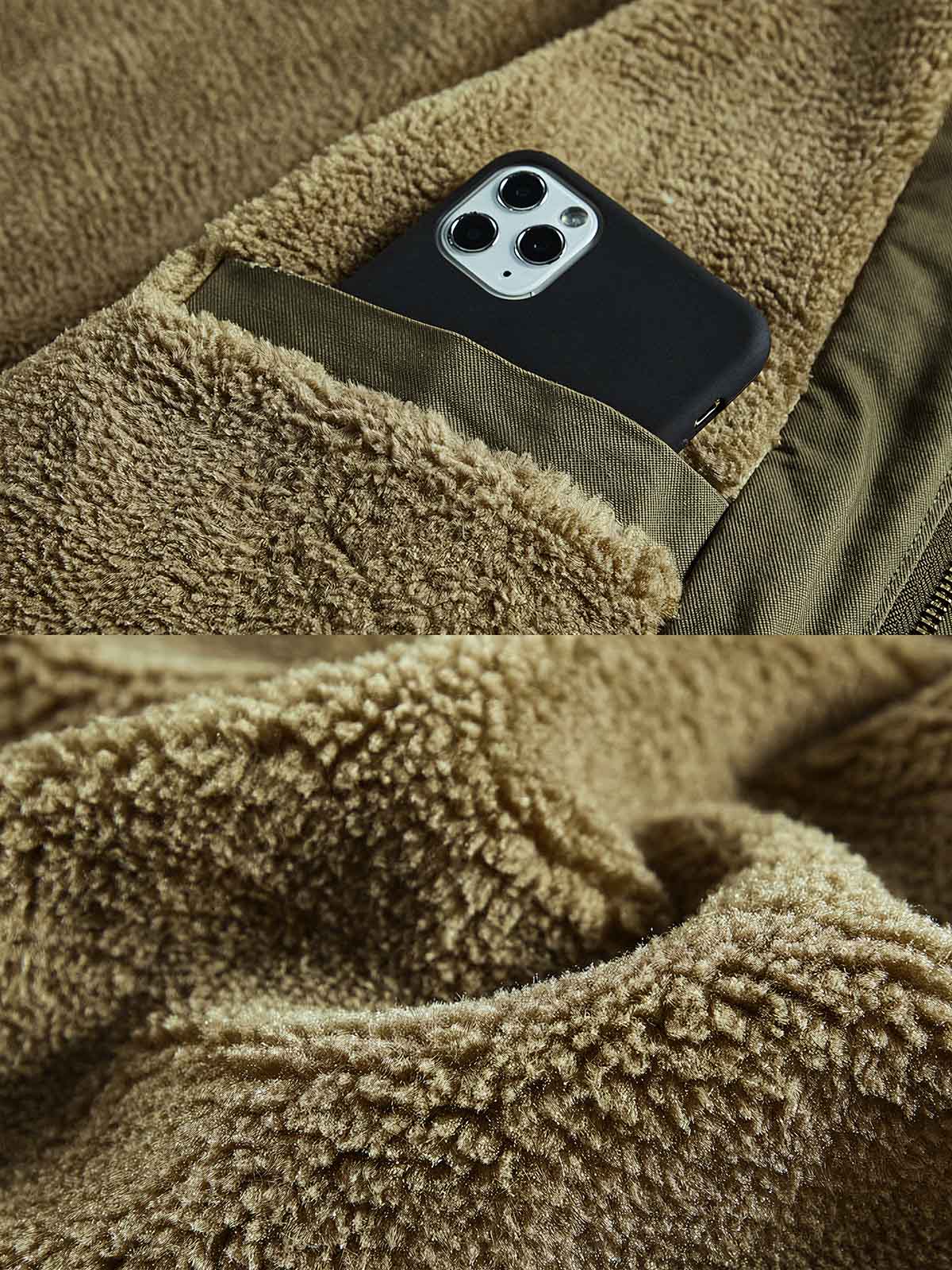 製品画像
N1デッキスタイル 海軍 フード付きコート全体図。高密度コットン素材と厚手シープスキン風ウールファー裏地を使用した、ヴィンテージ感溢れる冬用防寒アウター。
詳細画像
厚手のシープスキン風ウールファー裏地の質感、「A.R.M.Y.」プリントのクラシックディテール、ファスナーとボタンの二重防風仕様の特写。