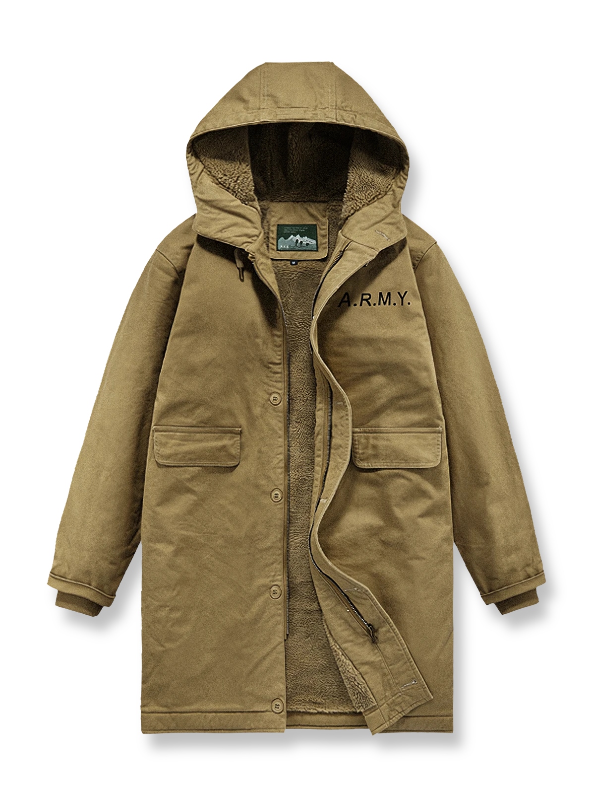 製品画像
N1デッキスタイル 海軍 フード付きコート全体図。高密度コットン素材と厚手シープスキン風ウールファー裏地を使用した、ヴィンテージ感溢れる冬用防寒アウター。
詳細画像
厚手のシープスキン風ウールファー裏地の質感、「A.R.M.Y.」プリントのクラシックディテール、ファスナーとボタンの二重防風仕様の特写。