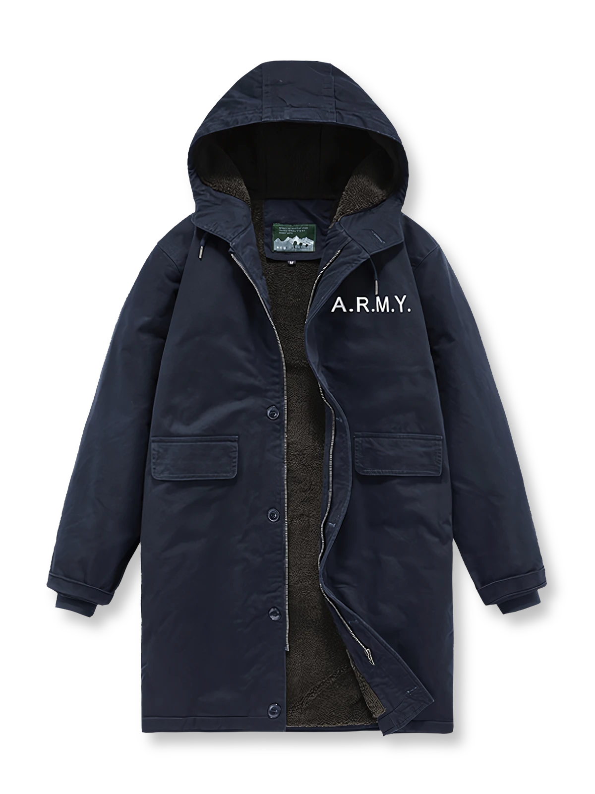 製品画像
N1デッキスタイル 海軍 フード付きコート全体図。高密度コットン素材と厚手シープスキン風ウールファー裏地を使用した、ヴィンテージ感溢れる冬用防寒アウター。
詳細画像
厚手のシープスキン風ウールファー裏地の質感、「A.R.M.Y.」プリントのクラシックディテール、ファスナーとボタンの二重防風仕様の特写。