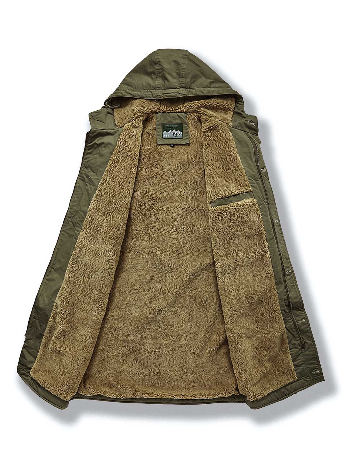 製品画像
N1デッキスタイル 海軍 フード付きコート全体図。高密度コットン素材と厚手シープスキン風ウールファー裏地を使用した、ヴィンテージ感溢れる冬用防寒アウター。
詳細画像
厚手のシープスキン風ウールファー裏地の質感、「A.R.M.Y.」プリントのクラシックディテール、ファスナーとボタンの二重防風仕様の特写。