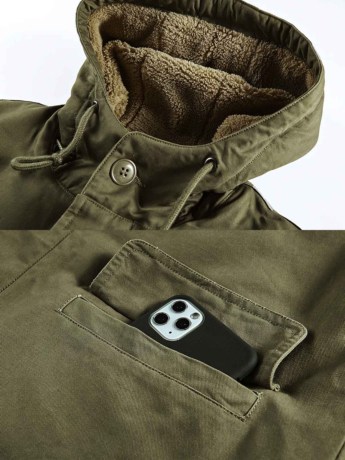 製品画像
N1デッキスタイル 海軍 フード付きコート全体図。高密度コットン素材と厚手シープスキン風ウールファー裏地を使用した、ヴィンテージ感溢れる冬用防寒アウター。
詳細画像
厚手のシープスキン風ウールファー裏地の質感、「A.R.M.Y.」プリントのクラシックディテール、ファスナーとボタンの二重防風仕様の特写。