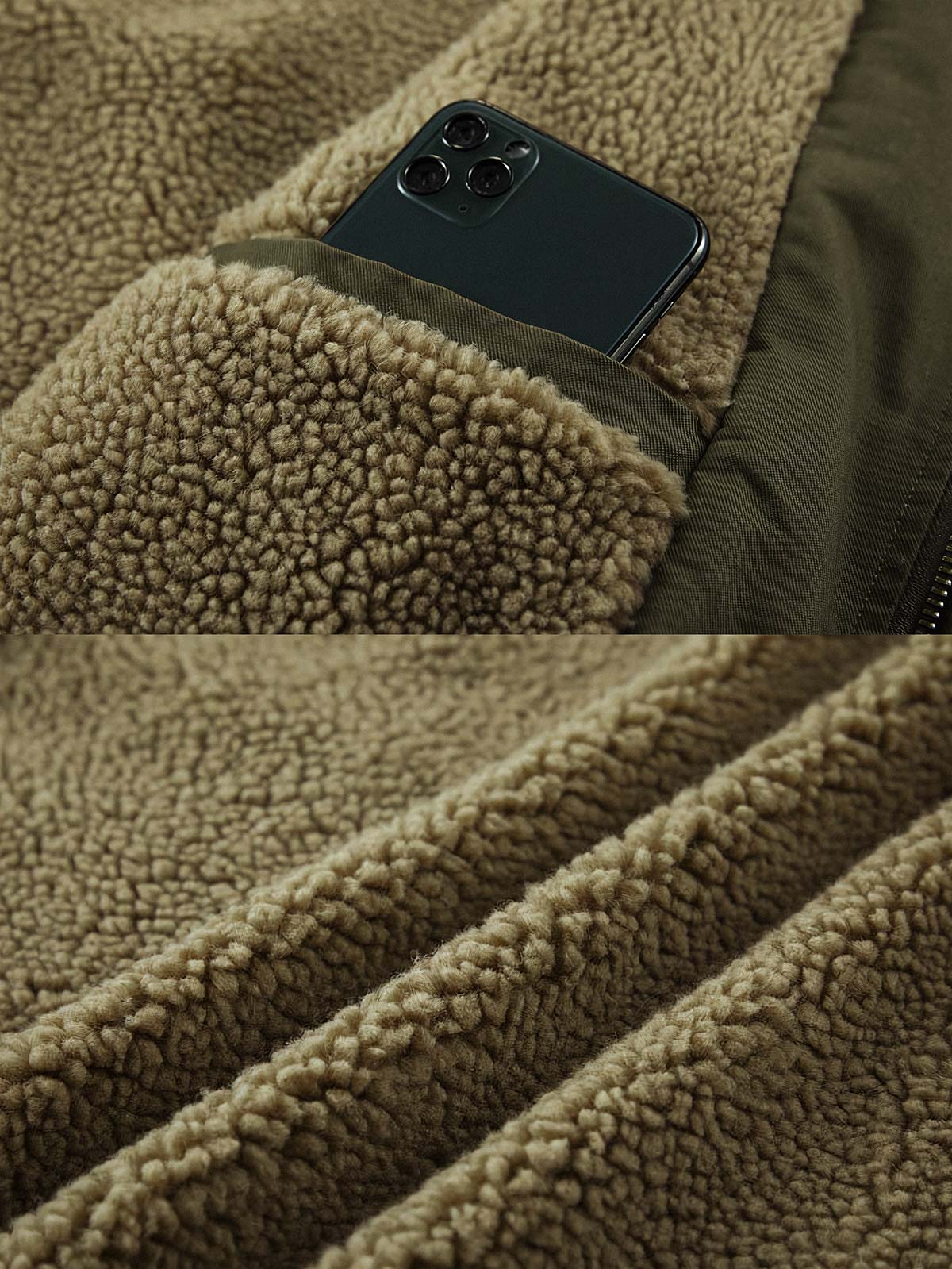 製品画像
N1デッキベスト全体図。シープスキン風ポリエステルファー裏地と100%コットン表地を使用し、耐久性・防風性・保温性を備えたクラシックデザインのベスト。
詳細画像
シープスキン風高密度ポリエステルファーの裏地、冷気を防ぐスタンドカラー、ジッパーとボタンの二重仕様、大容量フラップポケットのディテール特写。