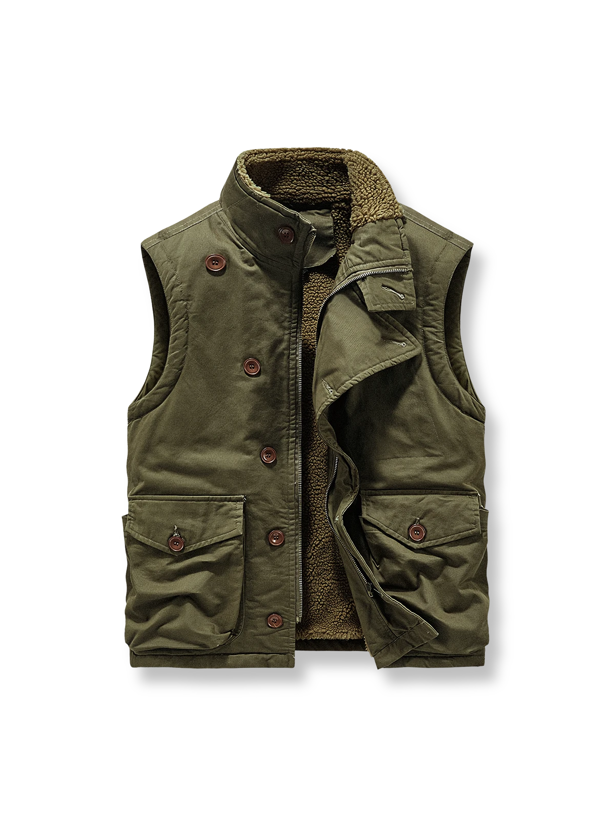 製品画像
N1デッキベスト全体図。シープスキン風ポリエステルファー裏地と100%コットン表地を使用し、耐久性・防風性・保温性を備えたクラシックデザインのベスト。
詳細画像
シープスキン風高密度ポリエステルファーの裏地、冷気を防ぐスタンドカラー、ジッパーとボタンの二重仕様、大容量フラップポケットのディテール特写。