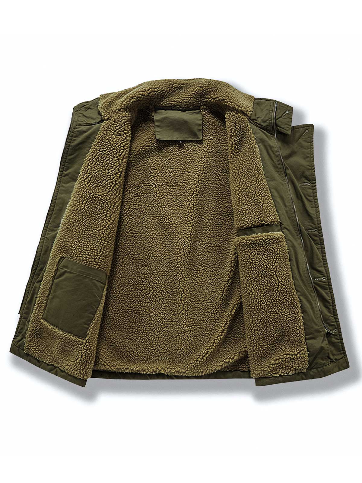 製品画像
N1デッキベスト全体図。シープスキン風ポリエステルファー裏地と100%コットン表地を使用し、耐久性・防風性・保温性を備えたクラシックデザインのベスト。
詳細画像
シープスキン風高密度ポリエステルファーの裏地、冷気を防ぐスタンドカラー、ジッパーとボタンの二重仕様、大容量フラップポケットのディテール特写。