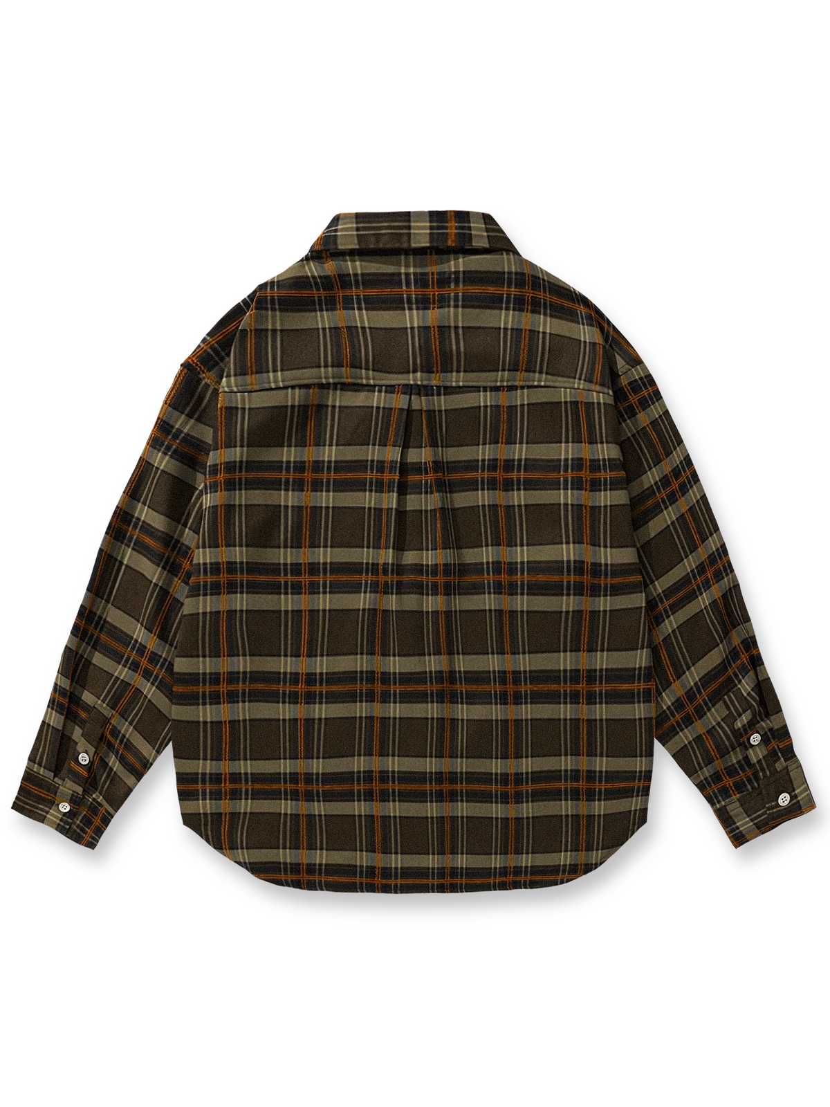 製品画像
「フレンチワークスタイルを取り入れたクラシックなチェック柄長袖シャツ全体画像。ルーズフィットとカーブヘムが特徴的なデザイン。」
詳細画像
「レトロなチェック柄生地の質感と、フレンチカジュアルを象徴するカーブヘムのディテールをクローズアップした画像。」