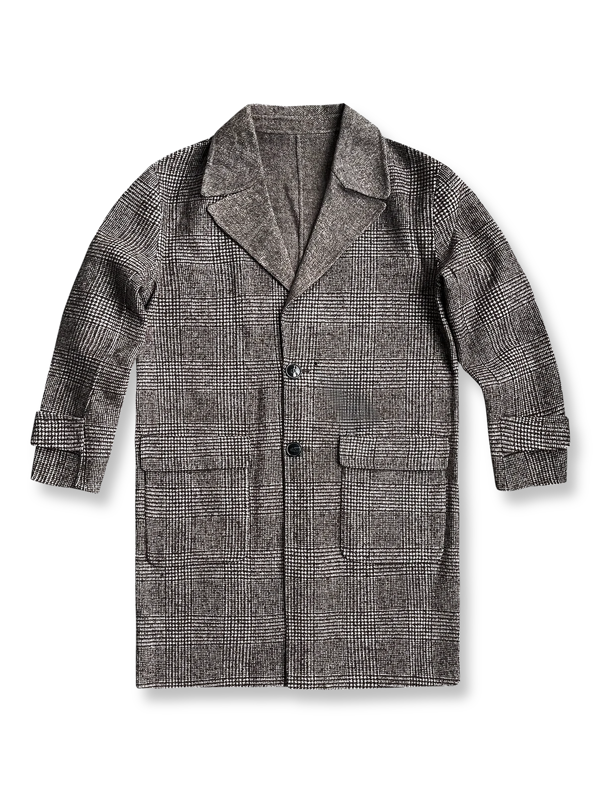 製品画像
「クラシックな英国風チェック柄とウール80%混紡素材を使用したロング丈コート全体画像。エレガントで洗練されたジェントルマンスタイルを演出。」
詳細画像
「立体感を強調する大きなラペルデザインと、柔らかく保温性に優れた英国伝統チェック柄生地のディテールをクローズアップ。」