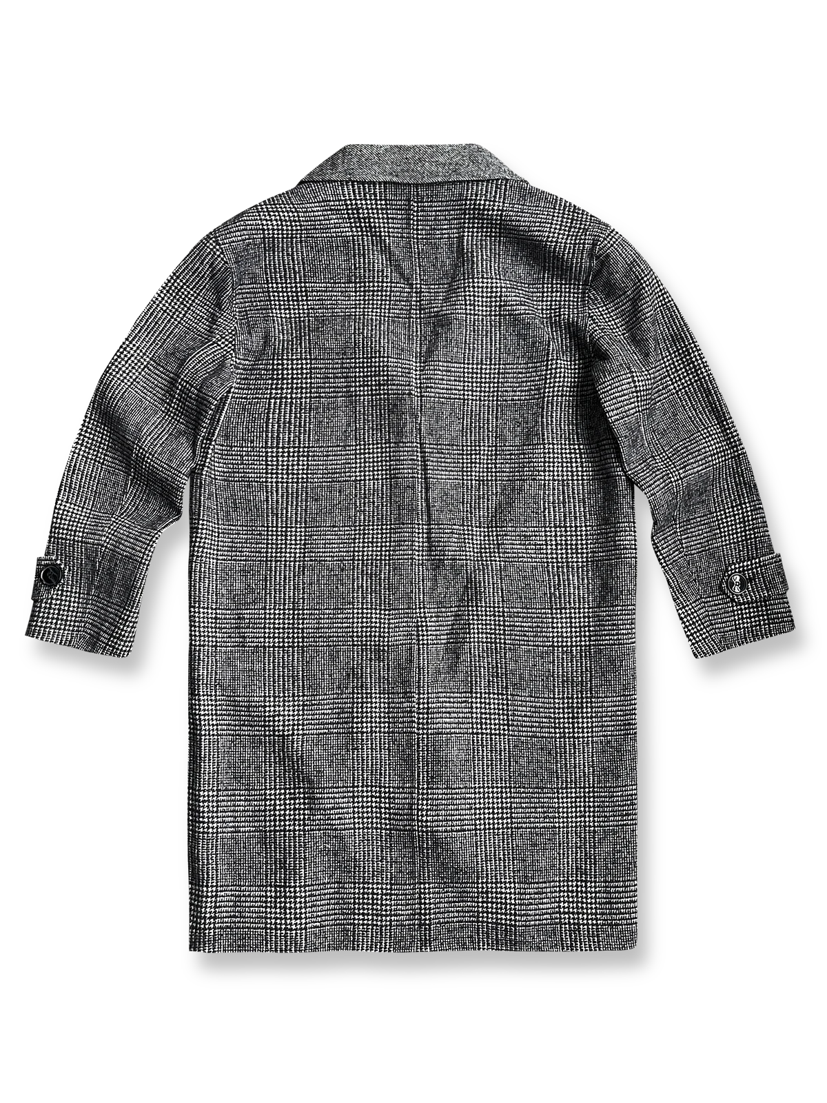 製品画像
「クラシックな英国風チェック柄とウール80%混紡素材を使用したロング丈コート全体画像。エレガントで洗練されたジェントルマンスタイルを演出。」
詳細画像
「立体感を強調する大きなラペルデザインと、柔らかく保温性に優れた英国伝統チェック柄生地のディテールをクローズアップ。」