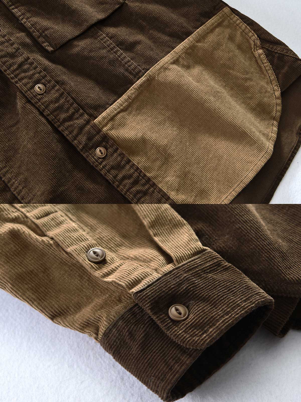 製品画像
「コーデュロイ パッチワーク シャツの全体像。厚手のコーデュロイ素材と独特なカラーブロックデザインが特徴で、秋冬のレトロスタイルに最適」
詳細画像
「コーデュロイ パッチワーク シャツのアシンメトリーポケットとストライプ模様の質感ディテール。高級感と個性を際立たせたデザイン」