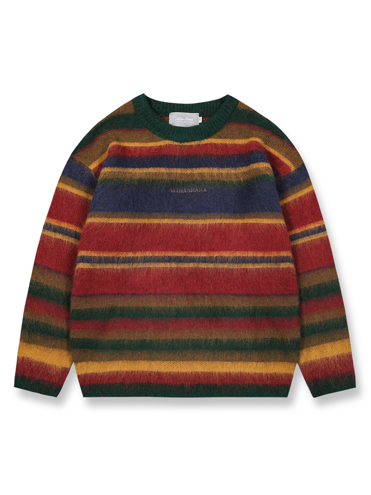 製品画像
「レトロなパッチワークデザインとストライプが特徴のアルファベット刺繍入りクルーネックセーター全体写真。ウール混紡素材で柔らかく保温性に優れた秋冬の定番アイテム。」
詳細画像
「丁寧なアルファベット刺繍とパッチワークストライプのディテールを強調したセーターの詳細写真。ウール混紡素材の柔らかい質感とデザイン性が際立つアイテム。」