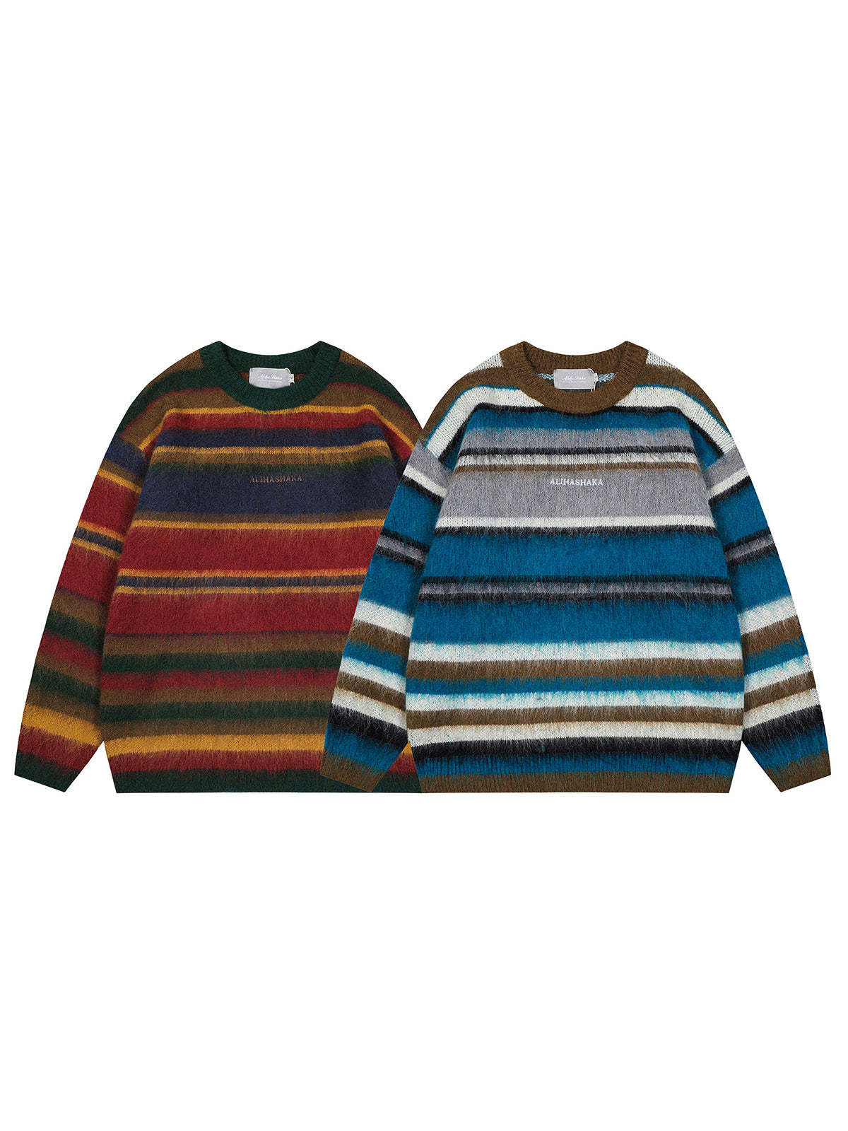 製品画像
「レトロなパッチワークデザインとストライプが特徴のアルファベット刺繍入りクルーネックセーター全体写真。ウール混紡素材で柔らかく保温性に優れた秋冬の定番アイテム。」
詳細画像
「丁寧なアルファベット刺繍とパッチワークストライプのディテールを強調したセーターの詳細写真。ウール混紡素材の柔らかい質感とデザイン性が際立つアイテム。」