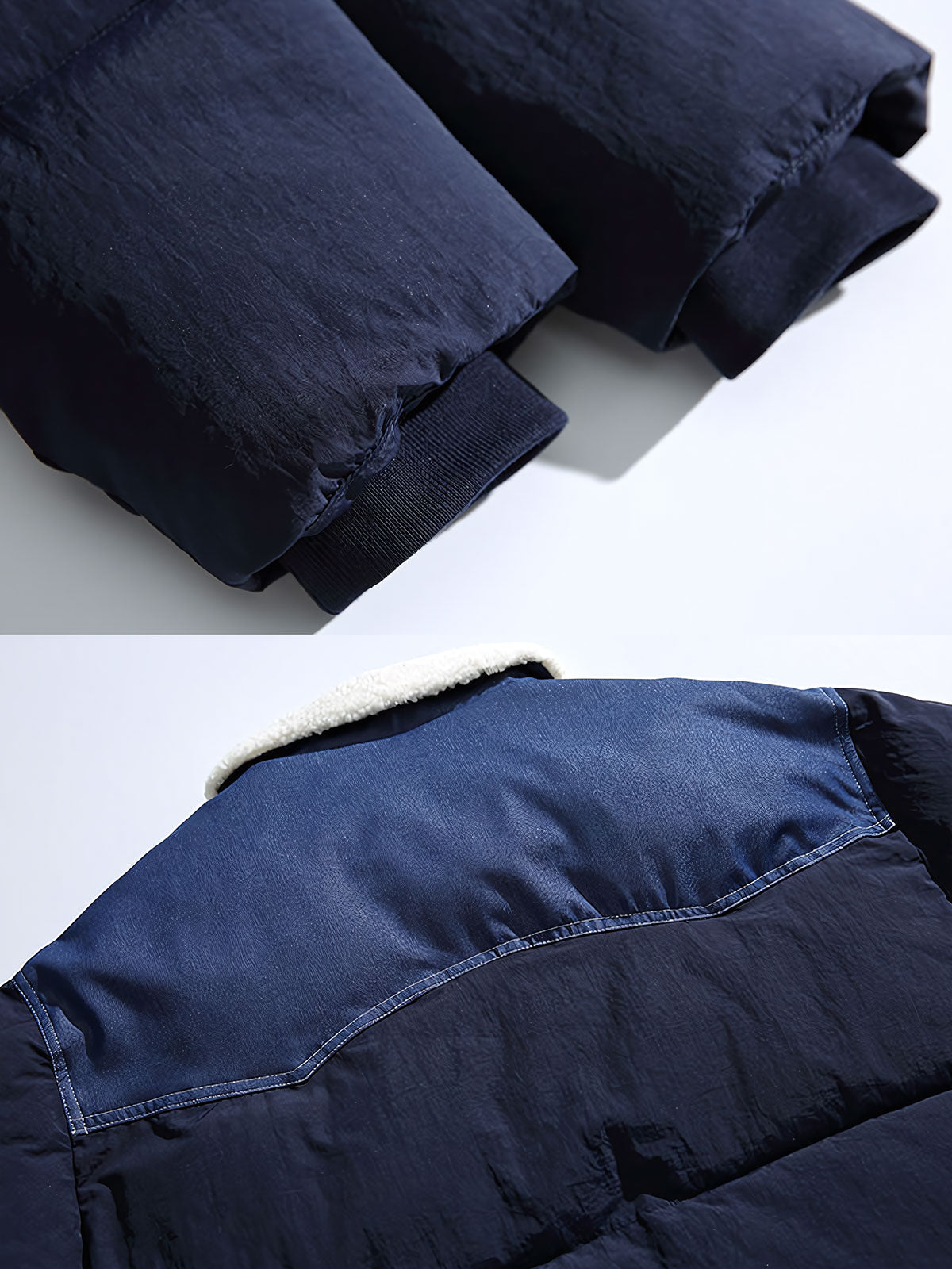 製品画像
「レトロなシープスキン風襟とバイカラーパッチワークデザインが特徴のワーク中綿ジャケット全体写真。防風性と保温性に優れた高密度素材と軽量ポリエステル中綿を採用し、アウトドアにも日常使いにも最適な冬のマストアイテム。」
詳細画像
「シープスキン風襟の立体感のある質感と、バイカラーパッチワークデザインの大きな多機能ポケットのディテール写真。防寒性を高める高密度素材と軽量中綿が使用されたジャケットの特徴を表現した画像。」