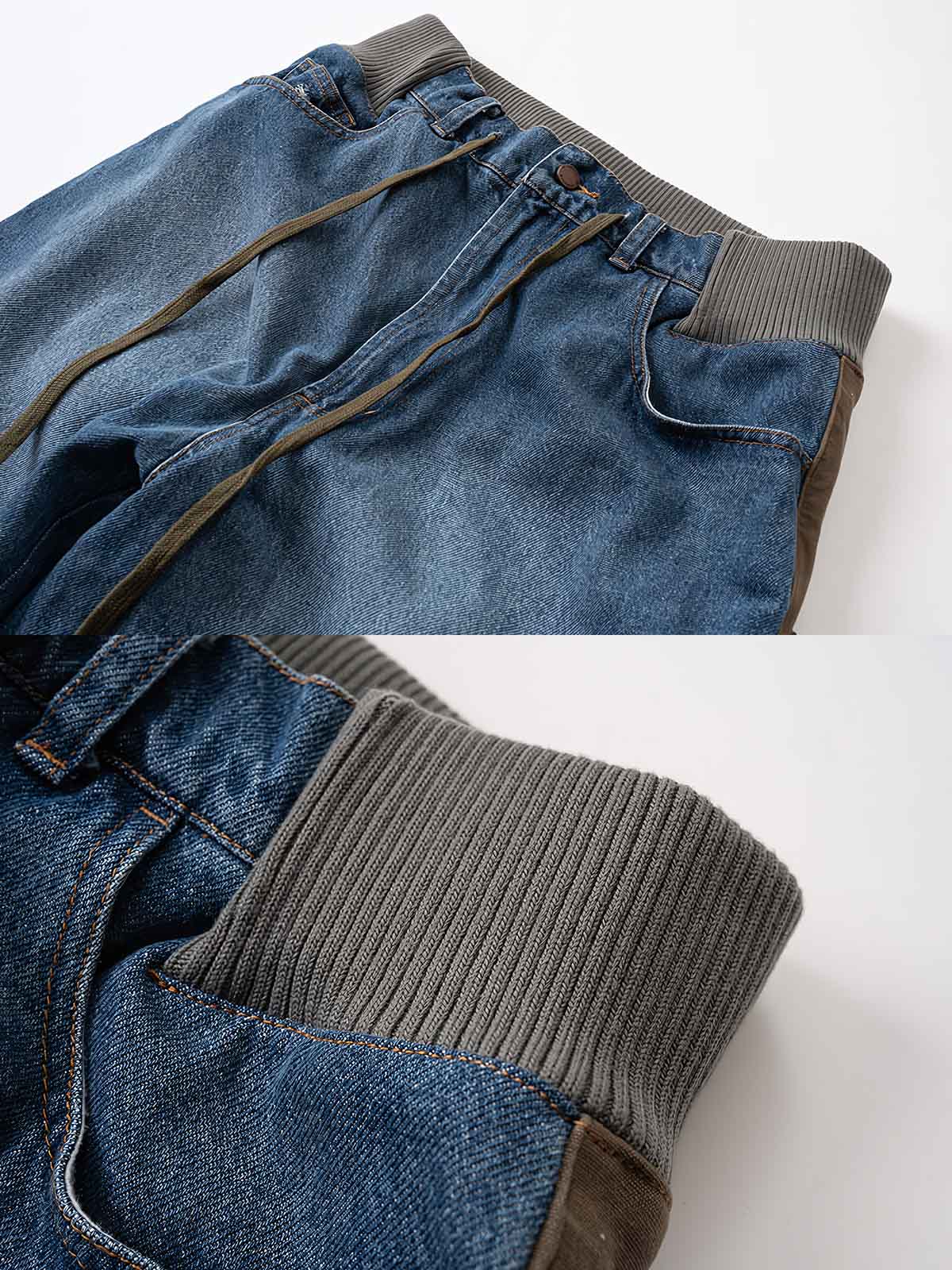 製品画像
「再構造スタイルの異素材パッチワークデザインが特徴のカーゴパンツ正面展示写真。ヴィンテージ感を演出するウォッシュ加工と多機能ポケットを備えたストリートやアウトドアに最適なアイテム。」
詳細画像
「ウエストゴム仕様で快適なフィット感と裾のジッパーとスナップボタンによる幅調整が可能な異素材パッチワークカーゴパンツのディテール写真。」