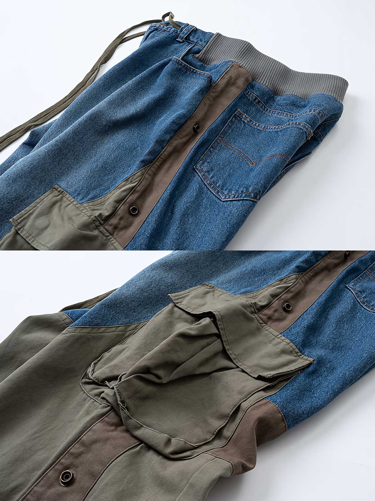 製品画像
「再構造スタイルの異素材パッチワークデザインが特徴のカーゴパンツ正面展示写真。ヴィンテージ感を演出するウォッシュ加工と多機能ポケットを備えたストリートやアウトドアに最適なアイテム。」
詳細画像
「ウエストゴム仕様で快適なフィット感と裾のジッパーとスナップボタンによる幅調整が可能な異素材パッチワークカーゴパンツのディテール写真。」