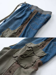 製品画像
「再構造スタイルの異素材パッチワークデザインが特徴のカーゴパンツ正面展示写真。ヴィンテージ感を演出するウォッシュ加工と多機能ポケットを備えたストリートやアウトドアに最適なアイテム。」
詳細画像
「ウエストゴム仕様で快適なフィット感と裾のジッパーとスナップボタンによる幅調整が可能な異素材パッチワークカーゴパンツのディテール写真。」