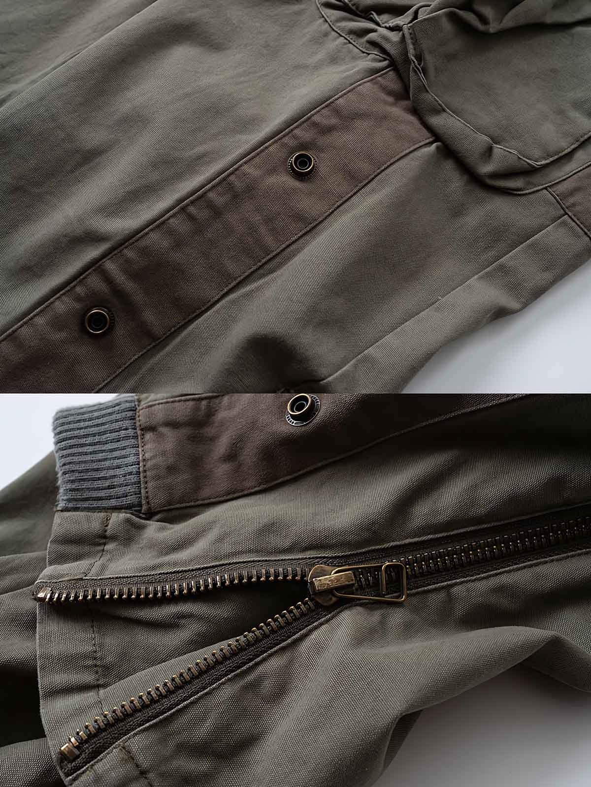 製品画像
「再構造スタイルの異素材パッチワークデザインが特徴のカーゴパンツ正面展示写真。ヴィンテージ感を演出するウォッシュ加工と多機能ポケットを備えたストリートやアウトドアに最適なアイテム。」
詳細画像
「ウエストゴム仕様で快適なフィット感と裾のジッパーとスナップボタンによる幅調整が可能な異素材パッチワークカーゴパンツのディテール写真。」