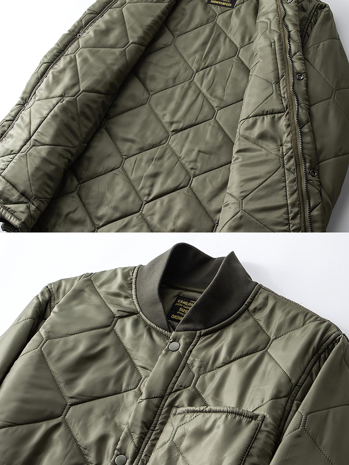 製品画像
「ヴィンテージ感漂うアメリカンミリタリースタイルのM65ライナー CWU-9P 中綿ジャケット全体展示写真。ダイヤモンドキルティングデザインとリブ仕様を備えた軽量で保温性に優れた一着。」
詳細画像
「ダイヤモンドキルティングデザインが施された生地のディテール写真と、防風性能を高めるリブ仕様の袖口のクローズアップ写真。」