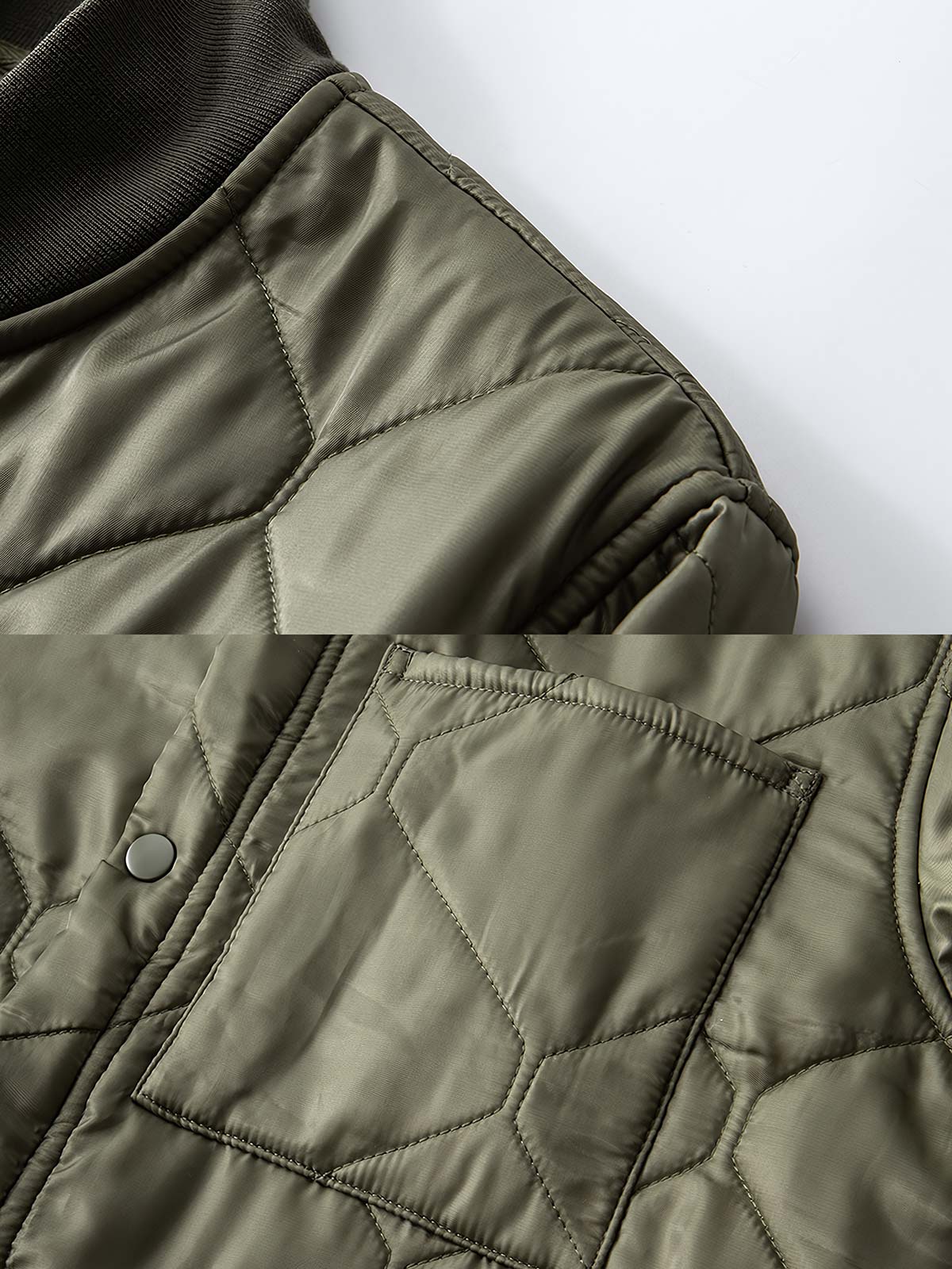 製品画像
「ヴィンテージ感漂うアメリカンミリタリースタイルのM65ライナー CWU-9P 中綿ジャケット全体展示写真。ダイヤモンドキルティングデザインとリブ仕様を備えた軽量で保温性に優れた一着。」
詳細画像
「ダイヤモンドキルティングデザインが施された生地のディテール写真と、防風性能を高めるリブ仕様の袖口のクローズアップ写真。」