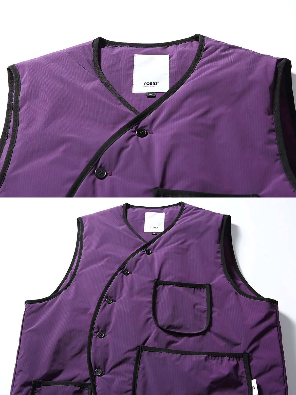 製品画像
「クラシックな合わせ襟デザインとモダンなバイカラースタイルが特徴のレトロ中綿ベスト。軽量で保温性に優れ、紫と白の配色が冬のスタイリングを際立たせる全体展示図」
詳細画像
「合わせ襟デザインと大容量の多機能ポケットがアクセントとなった中綿ベストのディテールクローズアップ。レトロ感とモダンさを融合した機能性豊かなデザイン」