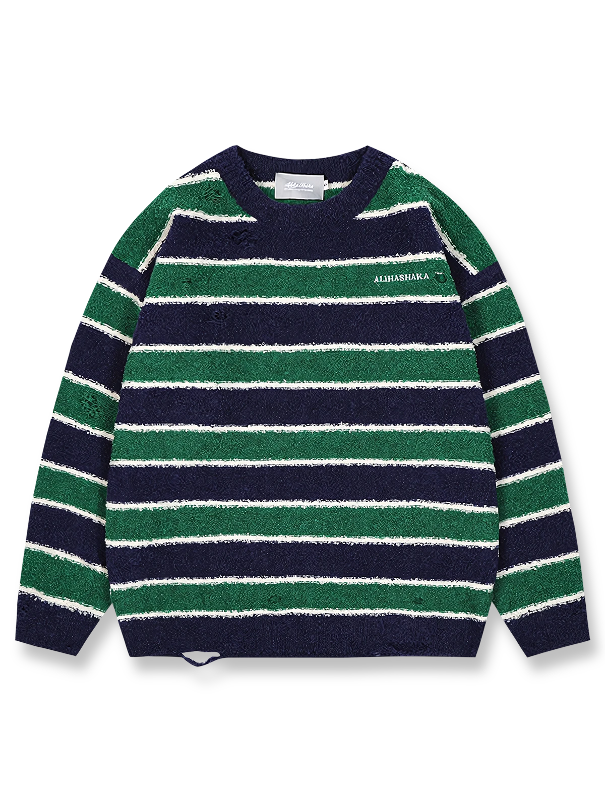 製品画像
「ヴィンテージ感漂うダメージディテールとカラフルなストライプ柄が特徴のストライプ クルーネック ニットセーター。ゆったりとしたシルエットで秋冬のカジュアルスタイルに最適な万能セーターの全体展示図」
詳細画像
「柔らかな混紡糸素材で作られたストライプ クルーネック ニットセーター。カラフルなストライプ柄とヴィンテージ風のダメージディテールが施されたトレンド感のあるディテールクローズアップ」