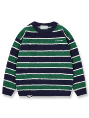 製品画像
「ヴィンテージ感漂うダメージディテールとカラフルなストライプ柄が特徴のストライプ クルーネック ニットセーター。ゆったりとしたシルエットで秋冬のカジュアルスタイルに最適な万能セーターの全体展示図」
詳細画像
「柔らかな混紡糸素材で作られたストライプ クルーネック ニットセーター。カラフルなストライプ柄とヴィンテージ風のダメージディテールが施されたトレンド感のあるディテールクローズアップ」