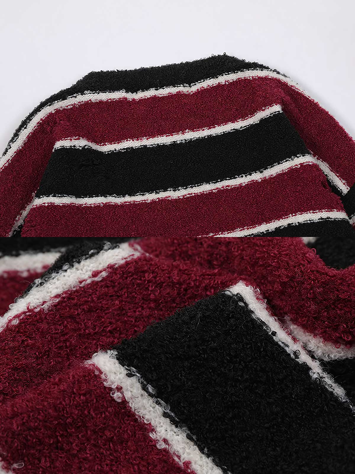 製品画像
「ヴィンテージ感漂うダメージディテールとカラフルなストライプ柄が特徴のストライプ クルーネック ニットセーター。ゆったりとしたシルエットで秋冬のカジュアルスタイルに最適な万能セーターの全体展示図」
詳細画像
「柔らかな混紡糸素材で作られたストライプ クルーネック ニットセーター。カラフルなストライプ柄とヴィンテージ風のダメージディテールが施されたトレンド感のあるディテールクローズアップ」