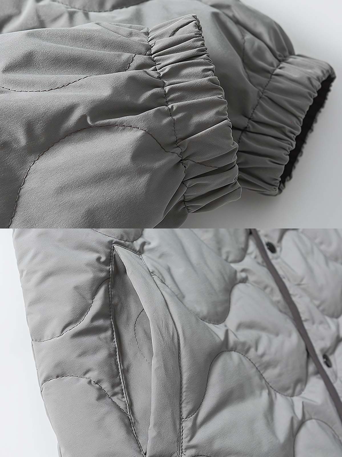 製品画像
「リバーシブル キルティング デザインと高品質ホワイトダックダウン(86%-90%)を使用したインナーダウンジャケット。軽量で保温性に優れ、秋冬の屋内外で活躍する万能アウターの全体展示図」
詳細画像
「リバーシブル仕様のキルティング加工と袖口のゴム仕様が特徴的なインナーダウンジャケット。ダウンの偏りを防ぐクラシックなデザインと繊細なディテールのクローズアップ」