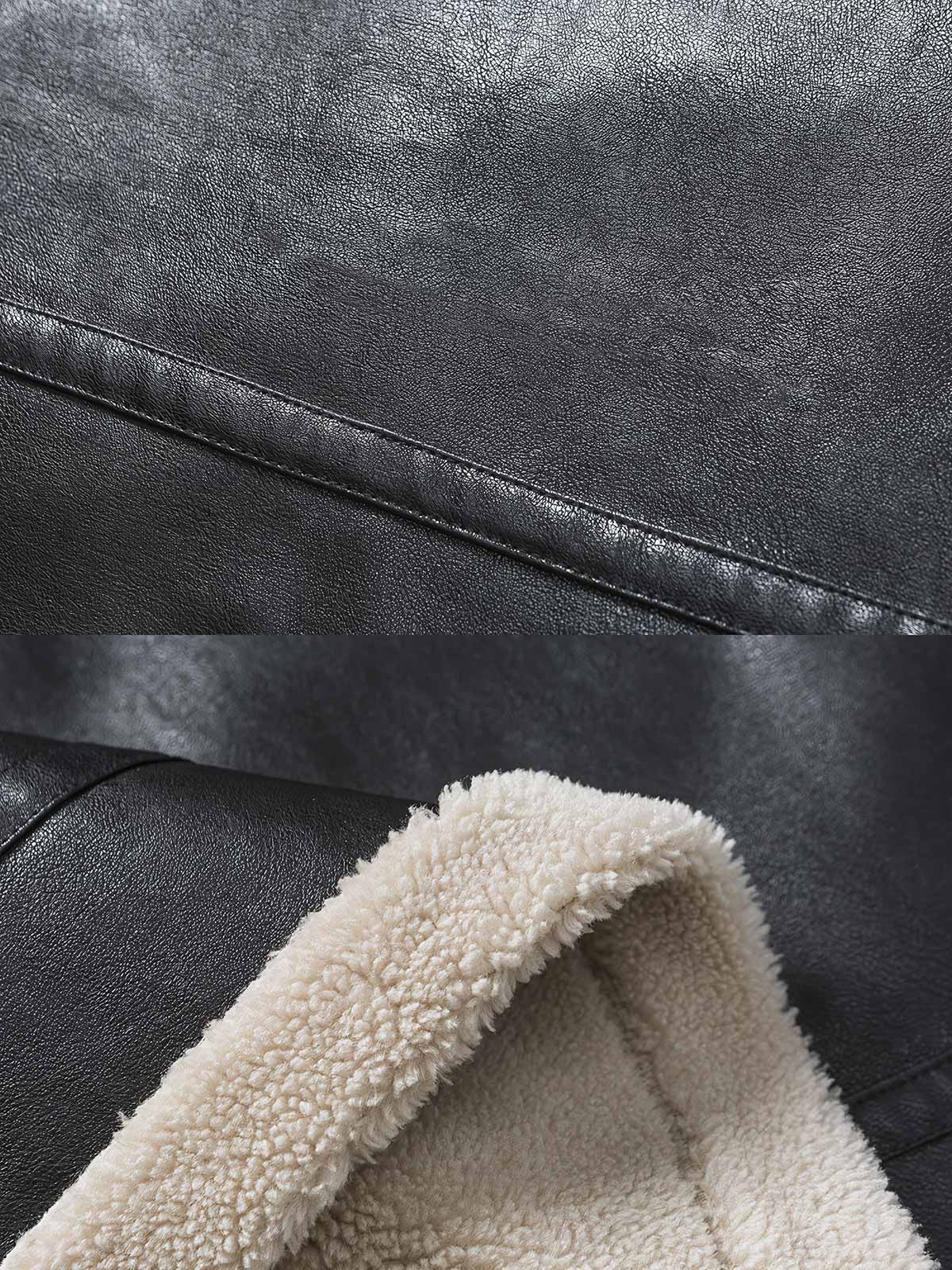 製品画像
「リバーシブル仕様のバイカースタイル シープスキン調 中綿ジャケット。ショート丈のシルエットと立体感のあるステッチデザインを採用し、レザー調素材と柔らかなシープスキン調素材の両面を楽しめる冬のアウターの全体展示図」
詳細画像
「ハードなバイカースタイルを演出するレザー調素材と高い保温性を提供するシープスキン調素材が特徴のリバーシブル中綿ジャケット。フラップ付き襟やフルジップ仕様のディテールクローズアップ」