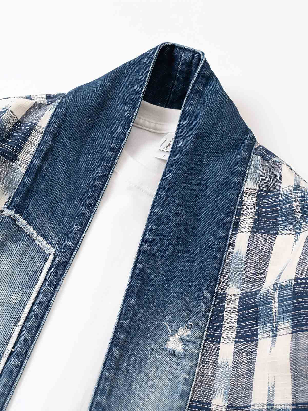 製品画像
デニムパッチワークとチェック柄を融合させた竹節編みコットン&リネン素材のはんてん全体イメージ。伝統的なはんてんデザインに現代的な要素を加え、軽やかで快適な着心地を提供。
詳細画像
デニムパッチワークとチェック柄素材のディテール。竹節編みコットン&リネン素材が通気性と軽さを実現し、視覚的な立体感を加えるデザイン。