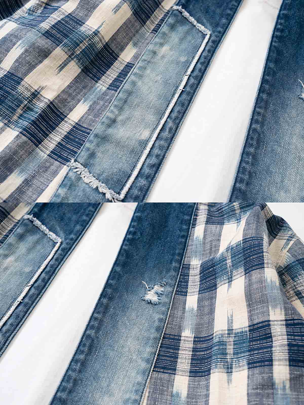 製品画像
デニムパッチワークとチェック柄を融合させた竹節編みコットン&リネン素材のはんてん全体イメージ。伝統的なはんてんデザインに現代的な要素を加え、軽やかで快適な着心地を提供。
詳細画像
デニムパッチワークとチェック柄素材のディテール。竹節編みコットン&リネン素材が通気性と軽さを実現し、視覚的な立体感を加えるデザイン。