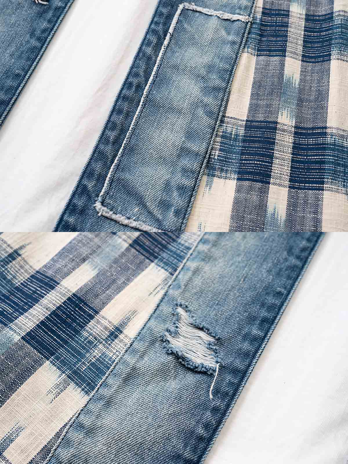 製品画像
デニムパッチワークとチェック柄を融合させた竹節編みコットン&リネン素材のはんてん全体イメージ。伝統的なはんてんデザインに現代的な要素を加え、軽やかで快適な着心地を提供。
詳細画像
デニムパッチワークとチェック柄素材のディテール。竹節編みコットン&リネン素材が通気性と軽さを実現し、視覚的な立体感を加えるデザイン。
