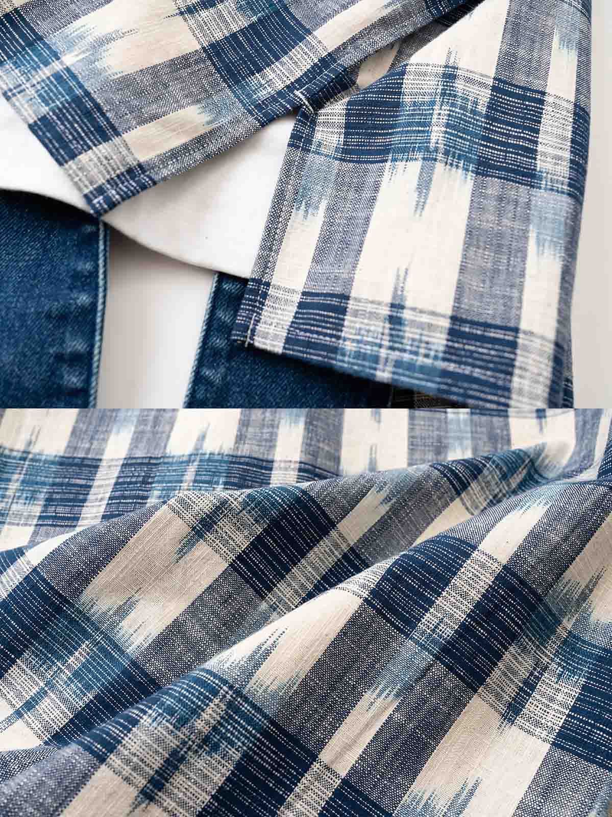 製品画像
デニムパッチワークとチェック柄を融合させた竹節編みコットン&リネン素材のはんてん全体イメージ。伝統的なはんてんデザインに現代的な要素を加え、軽やかで快適な着心地を提供。
詳細画像
デニムパッチワークとチェック柄素材のディテール。竹節編みコットン&リネン素材が通気性と軽さを実現し、視覚的な立体感を加えるデザイン。