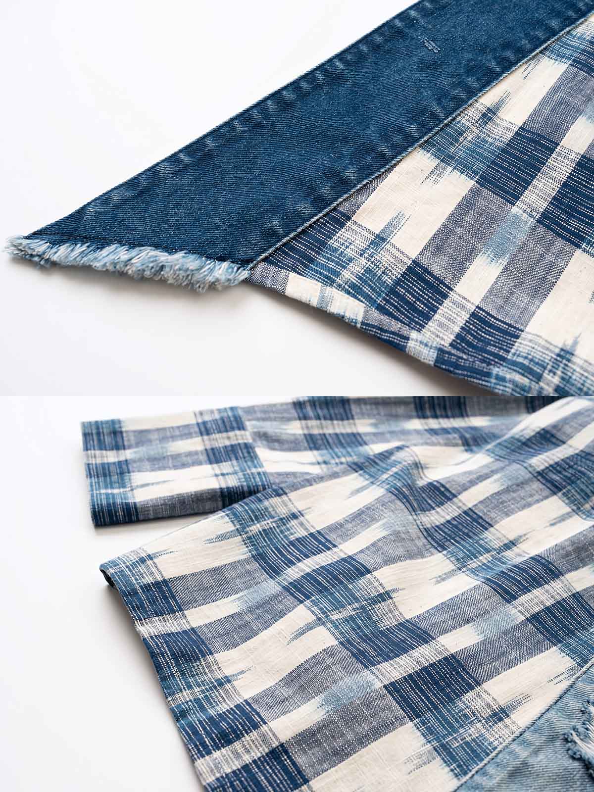 製品画像
デニムパッチワークとチェック柄を融合させた竹節編みコットン&リネン素材のはんてん全体イメージ。伝統的なはんてんデザインに現代的な要素を加え、軽やかで快適な着心地を提供。
詳細画像
デニムパッチワークとチェック柄素材のディテール。竹節編みコットン&リネン素材が通気性と軽さを実現し、視覚的な立体感を加えるデザイン。