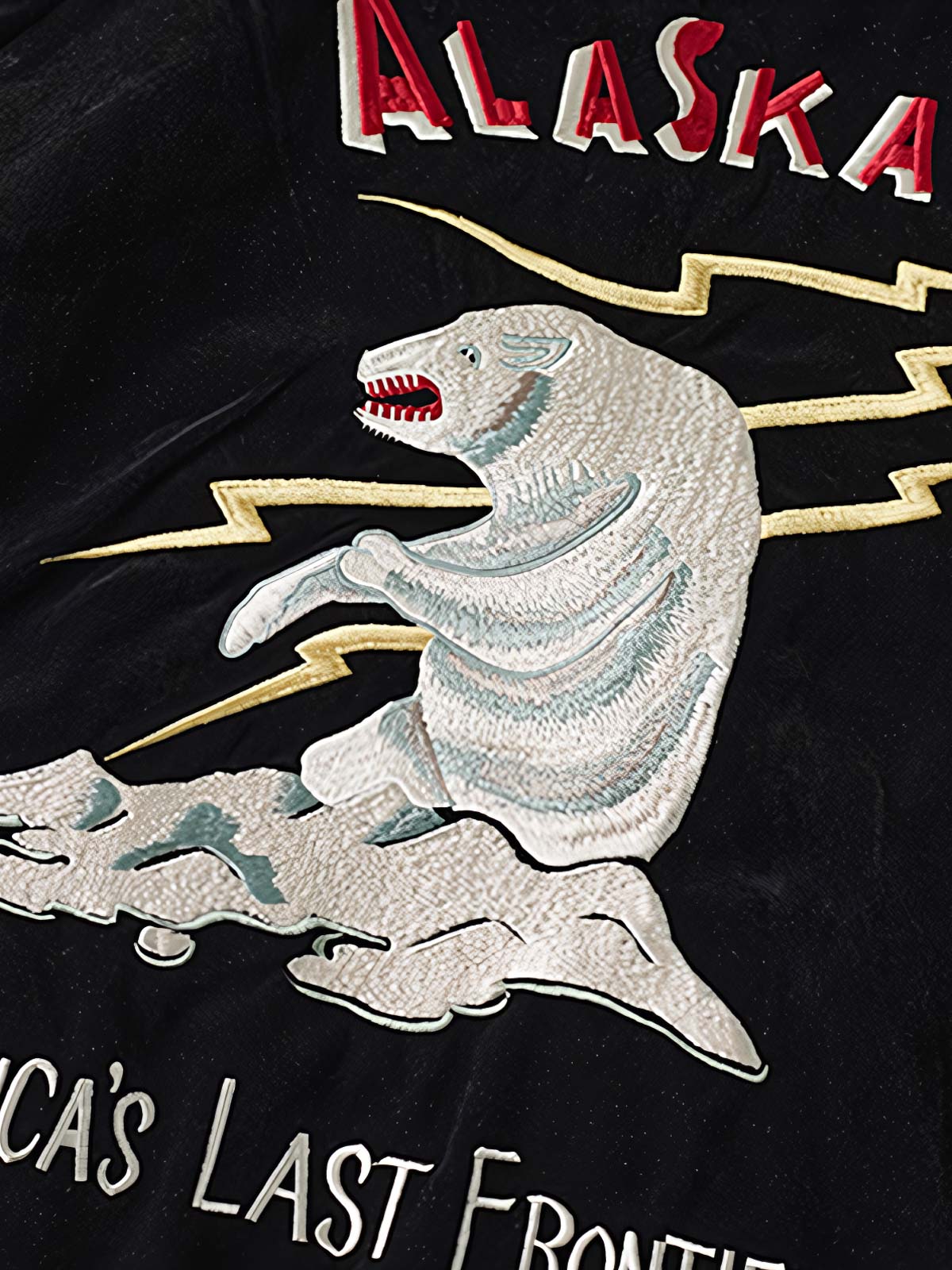 製品画像
1950年代アラスカをテーマにしたヴィンテージ刺繍リバーシブルスカジャン。片面はブラックベルベット素材にホッキョクグマ刺繍、もう片面はサテンポリエステルにアラスカ地図とトナカイ刺繍。どちらの面も印象的なデザインが施されています。
詳細画像
YKK製スライダージッパー、ライトニングデザインとホッキョクグマの刺繍ディテール。丁寧な仕上げが際立つ。