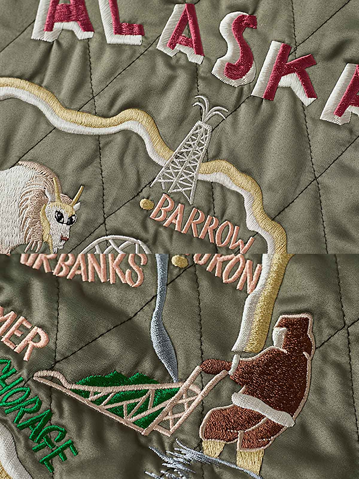 製品画像
1950年代アラスカをテーマにしたヴィンテージ刺繍リバーシブルスカジャン。片面はブラックベルベット素材にホッキョクグマ刺繍、もう片面はサテンポリエステルにアラスカ地図とトナカイ刺繍。どちらの面も印象的なデザインが施されています。
詳細画像
YKK製スライダージッパー、ライトニングデザインとホッキョクグマの刺繍ディテール。丁寧な仕上げが際立つ。