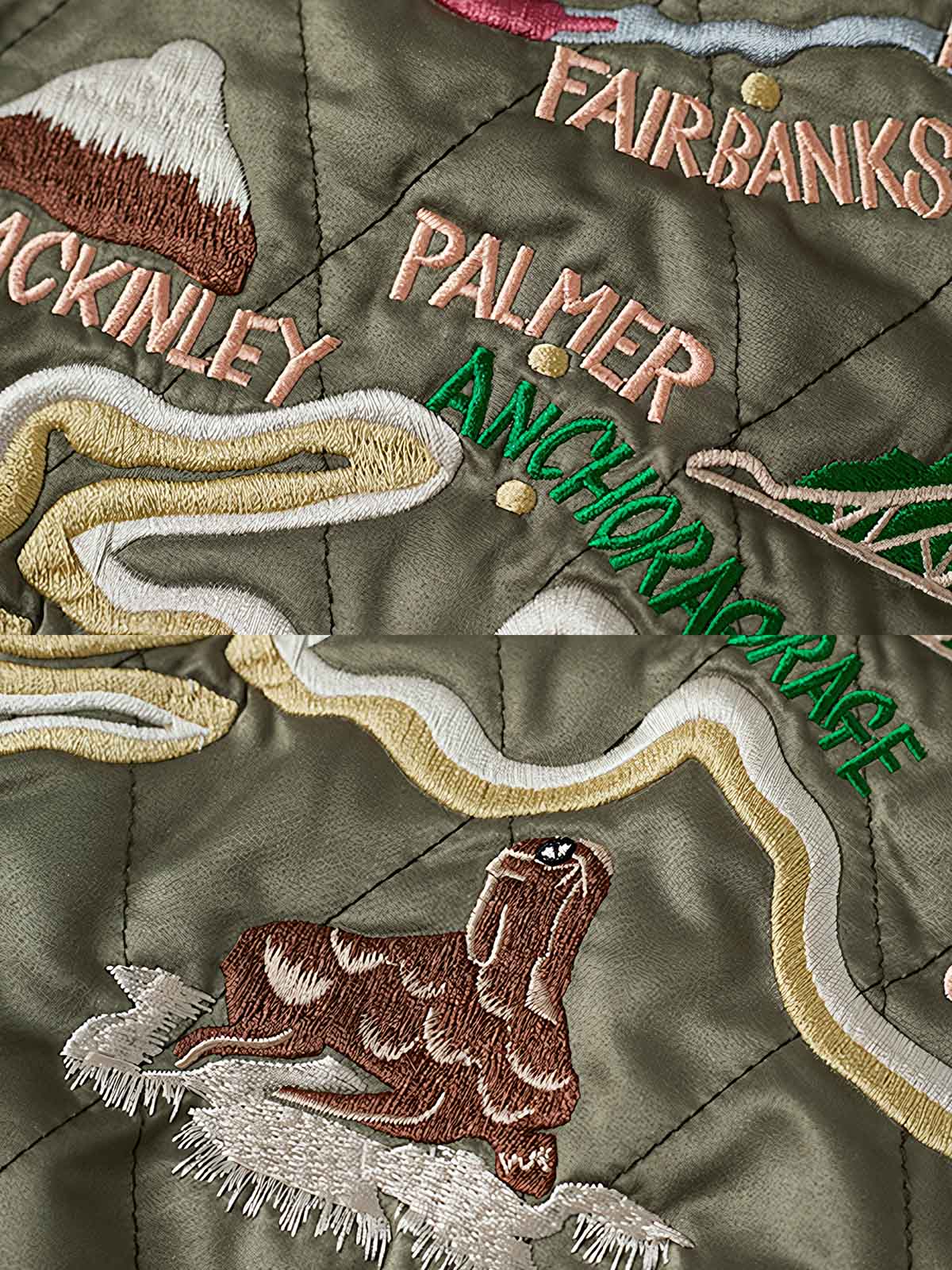 製品画像
1950年代アラスカをテーマにしたヴィンテージ刺繍リバーシブルスカジャン。片面はブラックベルベット素材にホッキョクグマ刺繍、もう片面はサテンポリエステルにアラスカ地図とトナカイ刺繍。どちらの面も印象的なデザインが施されています。
詳細画像
YKK製スライダージッパー、ライトニングデザインとホッキョクグマの刺繍ディテール。丁寧な仕上げが際立つ。