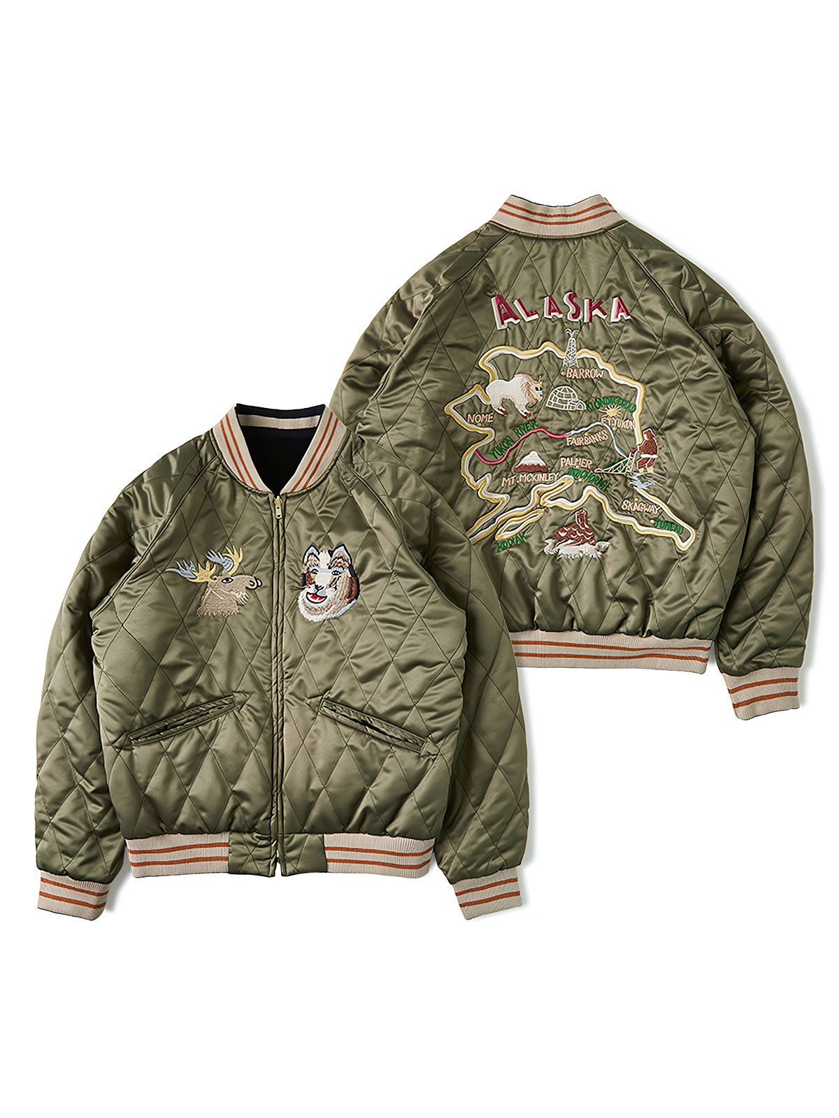 製品画像
1950年代アラスカをテーマにしたヴィンテージ刺繍リバーシブルスカジャン。片面はブラックベルベット素材にホッキョクグマ刺繍、もう片面はサテンポリエステルにアラスカ地図とトナカイ刺繍。どちらの面も印象的なデザインが施されています。
詳細画像
YKK製スライダージッパー、ライトニングデザインとホッキョクグマの刺繍ディテール。丁寧な仕上げが際立つ。