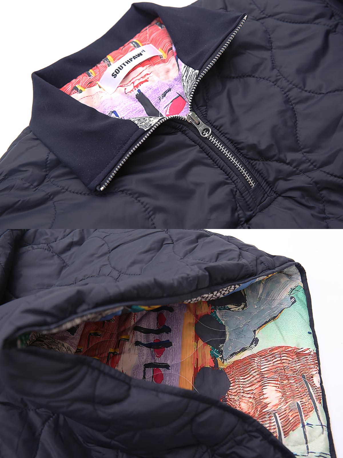 製品画像
ハーフジップ仕様の中綿ジャケット。防風性に優れたポリエステル素材と保温性の高い中綿構造が特徴で、秋冬に最適なスタイリッシュで機能的なジャケット。エレガントな襟付きデザインが全体を引き締めます。
詳細画像
ハーフジップ仕様と油絵風プリント裏地のディテール。ポリエステル外層が寒冷環境でもしっかり保温し、袖口と裾のゴム仕様で防風性を強化。実用的な大容量ポケットも特徴。