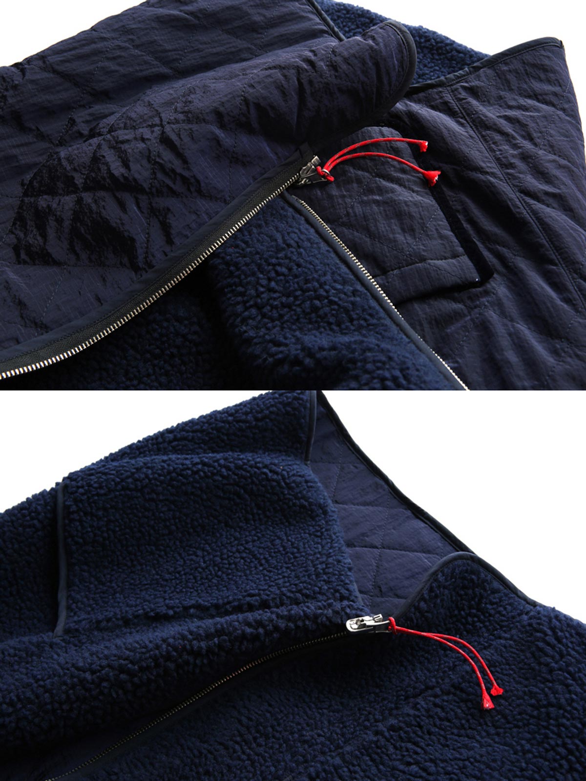 製品画像
リバーシブルデザインのフリースベスト。片面はクラシックなフリース素材、もう片面は滑らかなナイロン調の素材で、軽量で暖かく、通勤やアウトドアシーンで活躍します。フルジップ仕様で着脱も簡単。
詳細画像
両面の異なる素材と大容量ポケットのディテール。カジュアルスタイルからモダンな印象に切り替え可能で、収納力も十分。